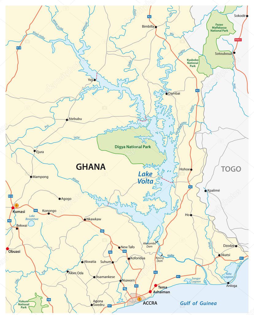 Vector map of the largest reservoir in the world Lake Volta, Ghana
