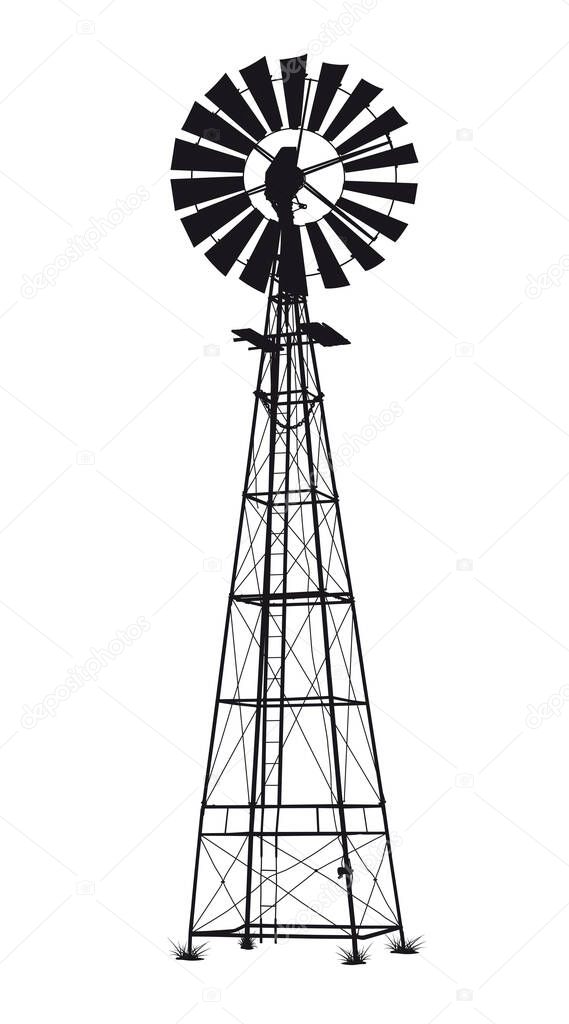 detailed black vector windmill illustration on white background