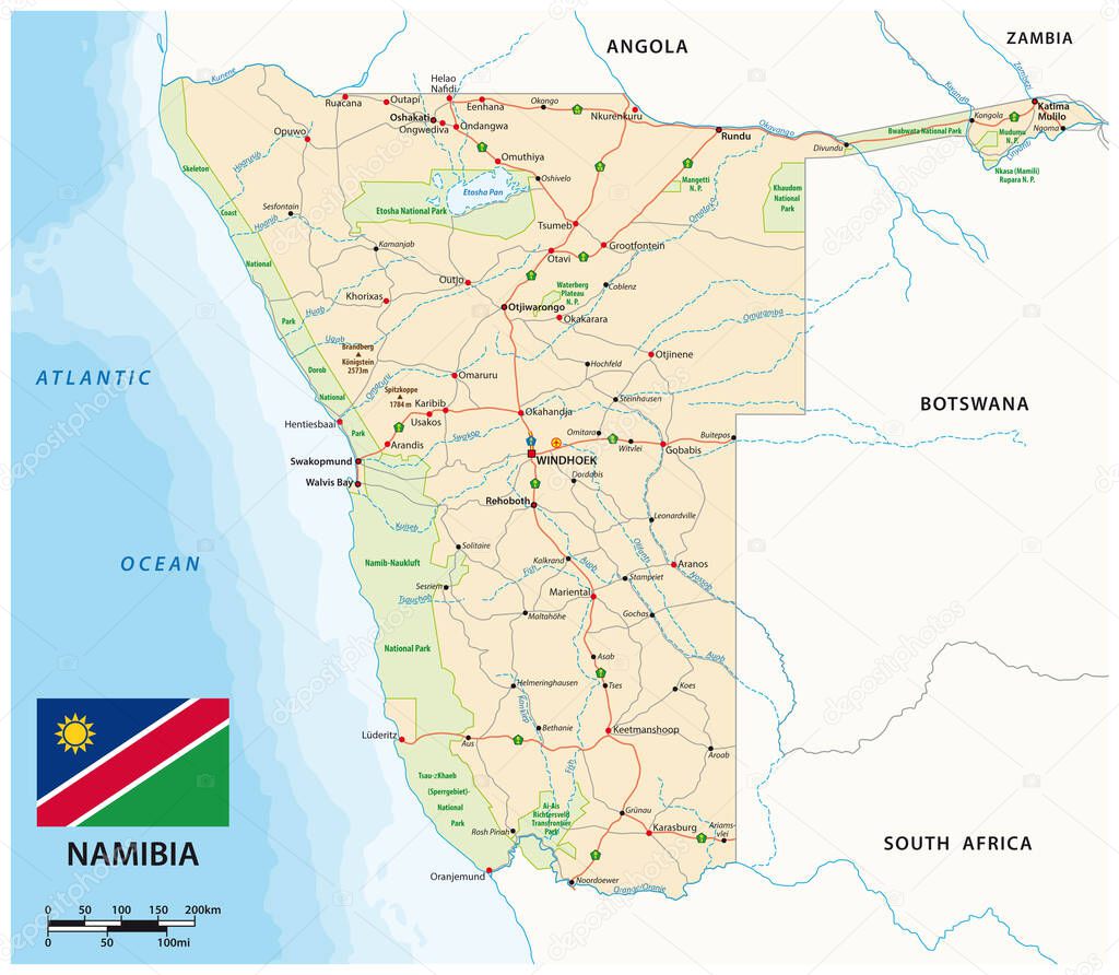 vector road map of Namibia with flag