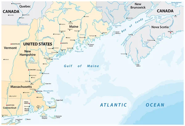 แผนท เวกเตอร ของทะเลชายแดนอเมร กาเหน าวเมน แคนาดา สหร ฐอเมร — ภาพเวกเตอร์สต็อก