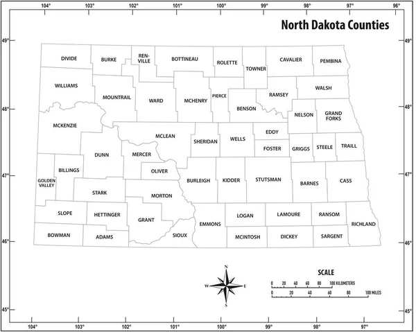 North Dakota State Skizzieren Administrative Und Politische Vektorkarte Schwarz Weiß — Stockvektor