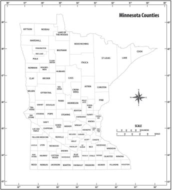Minnesota Eyaleti idari haritasını siyah ve beyaz olarak özetliyor 