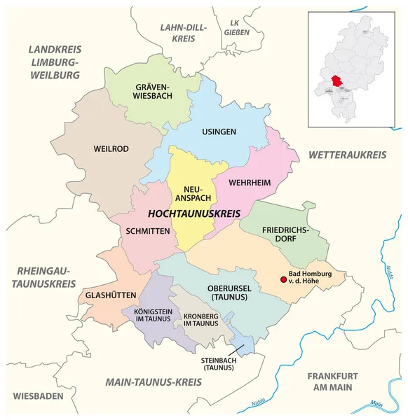 Vektorová Mapa Správního Okresu Hochtaunuskreis Hesensko Německo — Stockový vektor