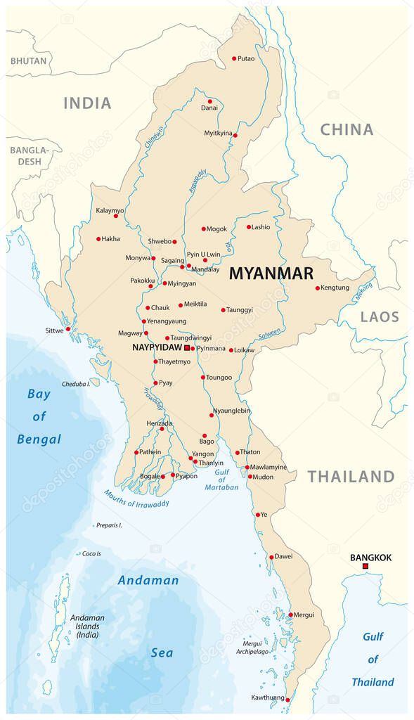Republic of the Union of Myanmar vector map with major cities 