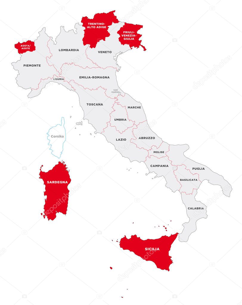 Vector map of the Italian regions with special law 