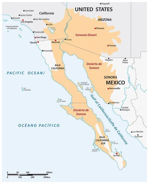 Vector Map Sonoran Desert México Estados Unidos América —  Vetores de Stock