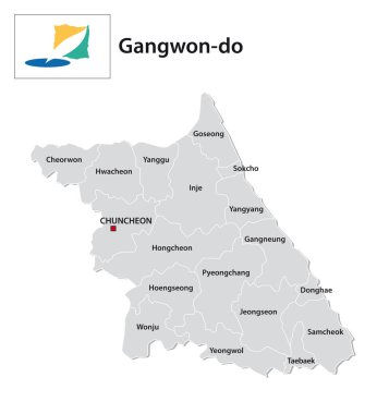 Güney Kore 'nin Gangwon-do eyaletinin bayrak taşıyan idari vektör haritası 
