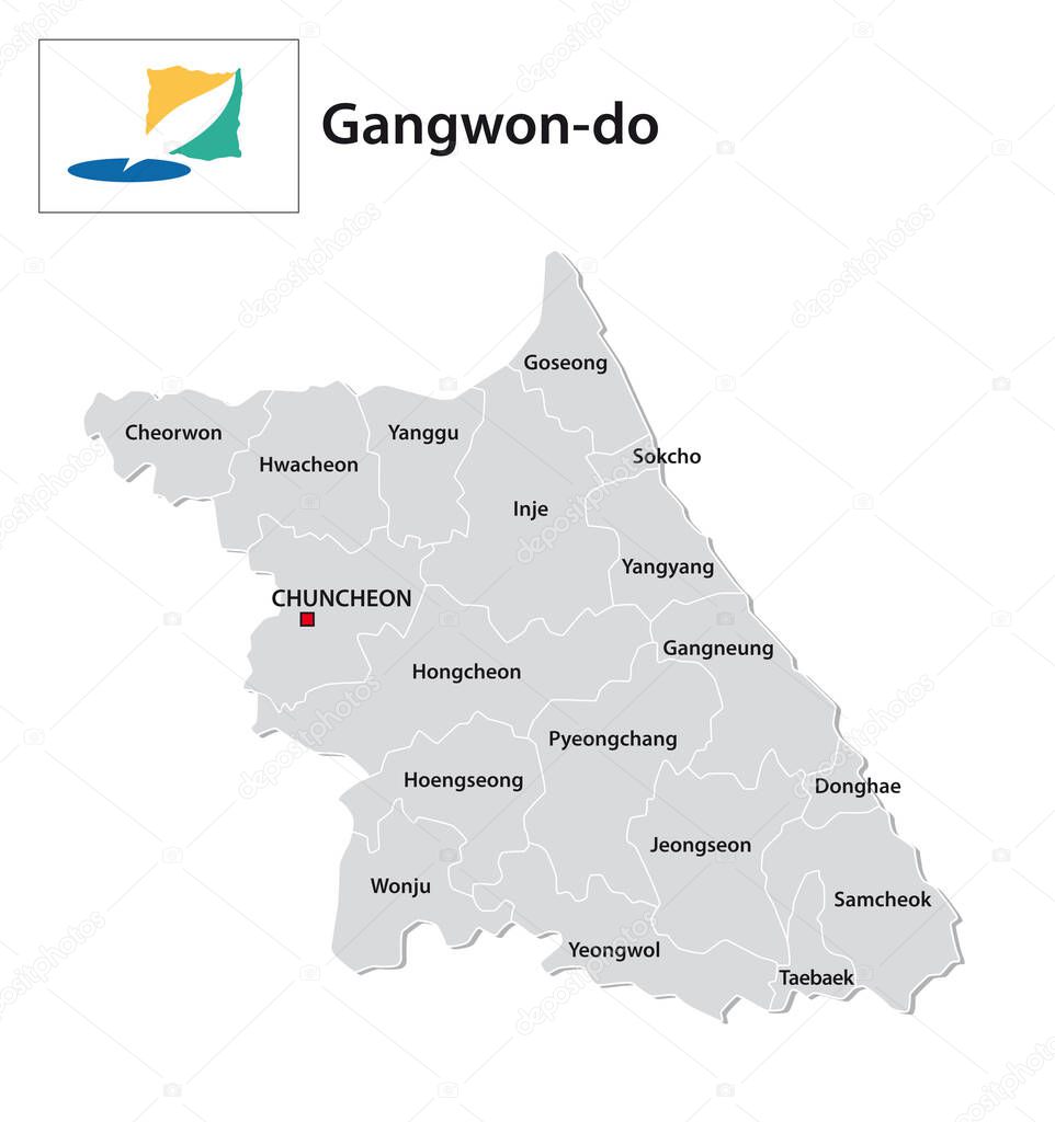 administrative vector map of the South Korean province of Gangwon-do with flag 