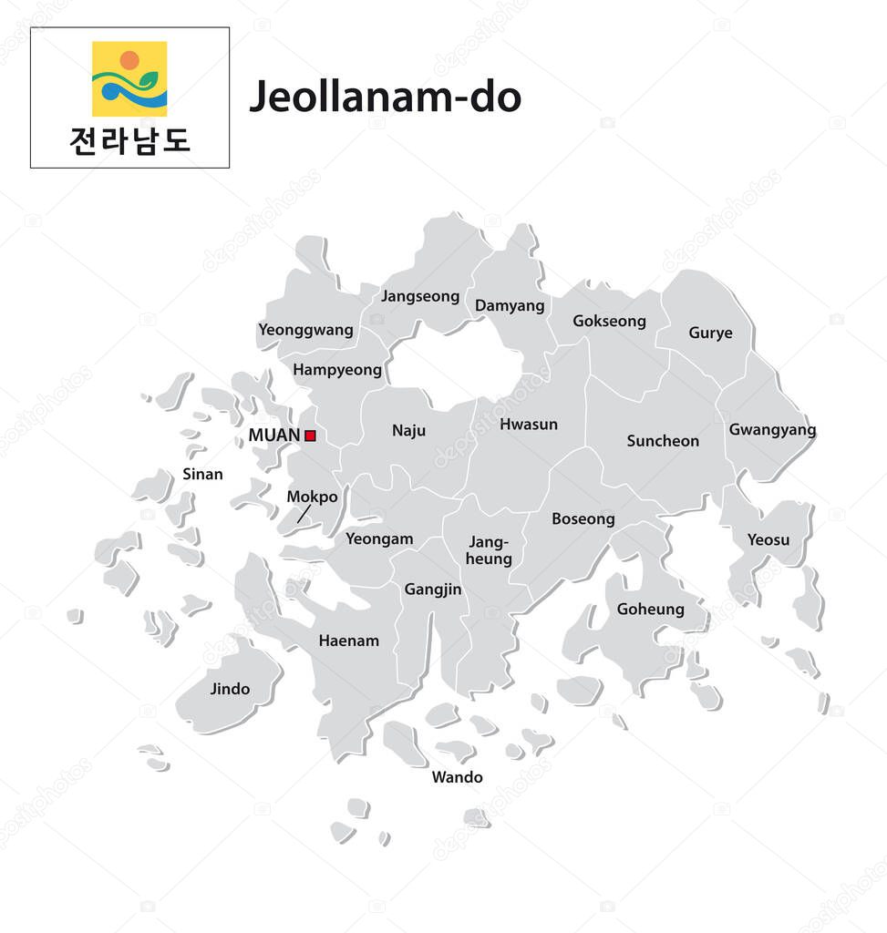 administrative vector map of the South Korean province of Jeollanam-do with flag 