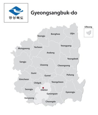 Güney Kore eyaleti Gyeongsangbuk-do 'nun bayrak taşıyan idari vektör haritası 