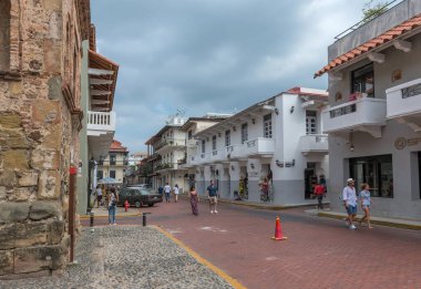 PANAMA ŞEHRİ, PANAMA-MARCH 03, 2019: Panama City, Casco Viejo, tarihi eski kentte cephe oluşturma