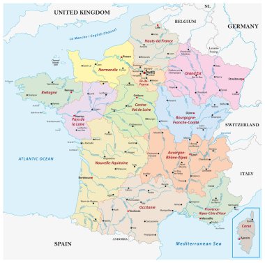 Bölgeler, nehirler ve en önemli şehirlerle Fransa 'nın vektör haritası 