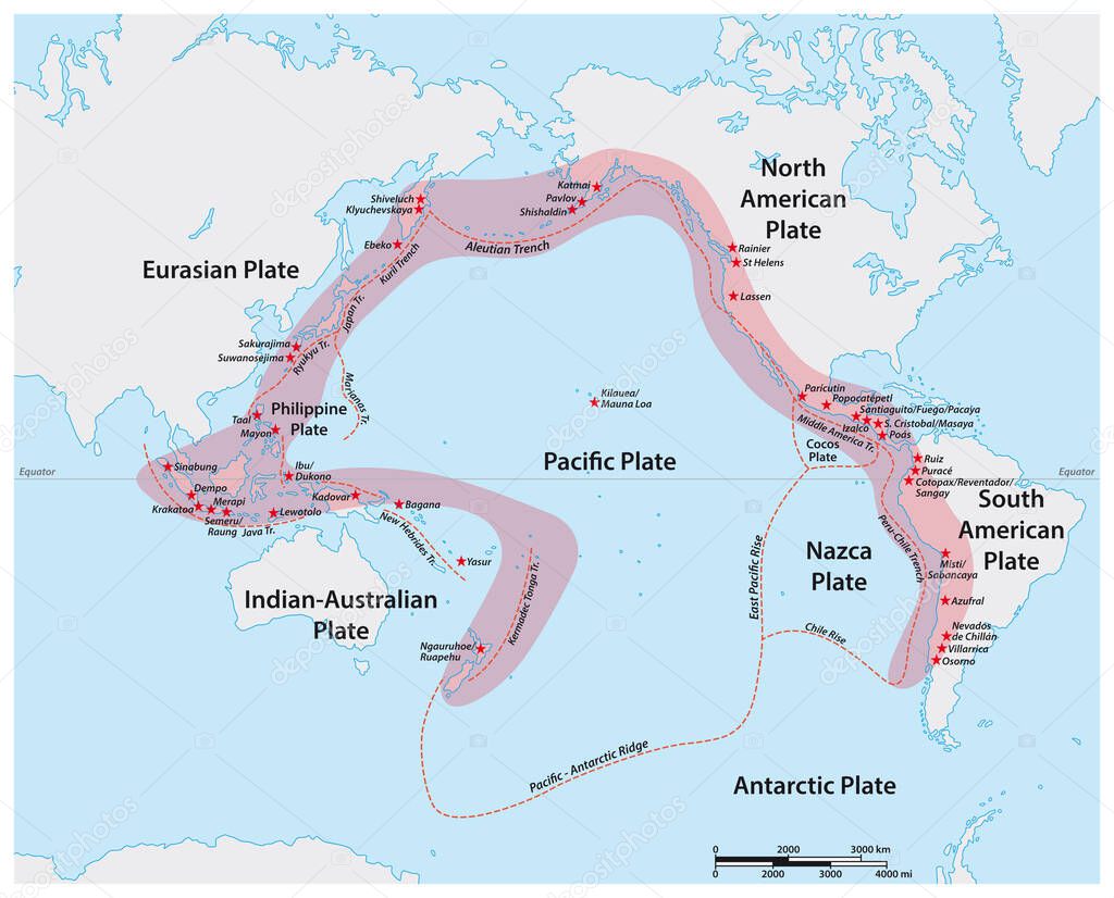 Vector map of the Pacific Ring of Fire with the main volcanoes 