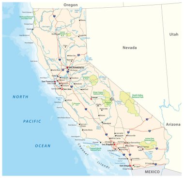 road and national park vector map of the US state of California  clipart