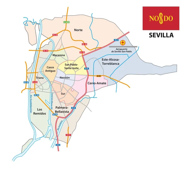 Andalúz Főváros Sevilla Közigazgatási Utcai Térképe Spanyolország — Stock Vector