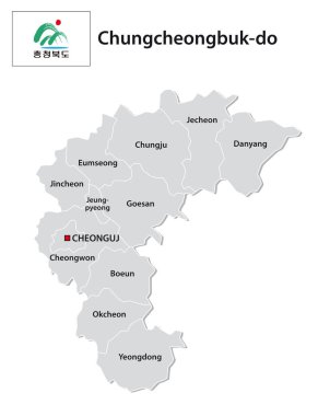 Güney Kore 'nin Chungcheongbuk bölgesinin bayrak taşıyan idari vektör haritası