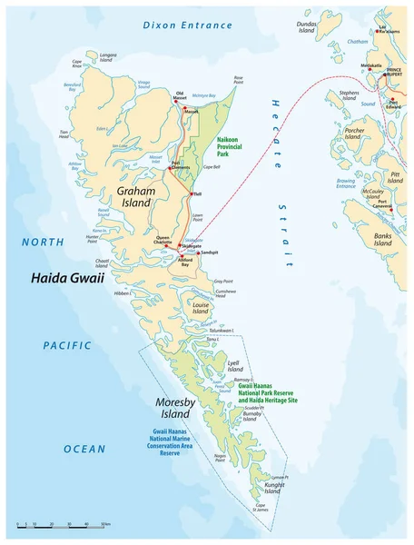 加拿大不列颠哥伦比亚省海岸外的海达瓜伊群岛地图 — 图库矢量图片