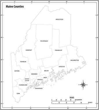 Maine durumu siyah ve beyaz olarak idari ve siyasi vektör haritasını çizdi