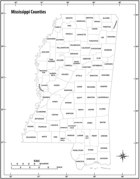 Mississippi Staat Overzicht Administratieve Politieke Vector Kaart Zwart Wit — Stockvector