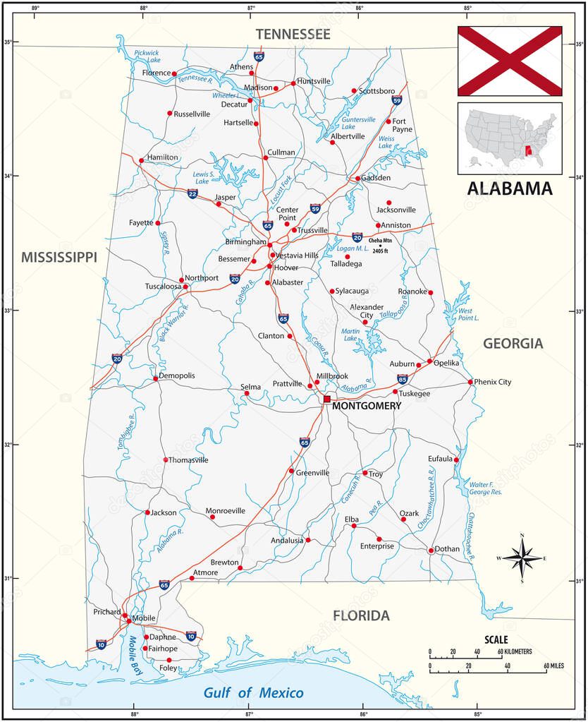 Road map of the US state of Alabama with flag