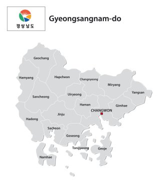 Güney Kore 'nin bayrak taşıyan Gyeongsangnam bölgesinin idari vektör haritası 