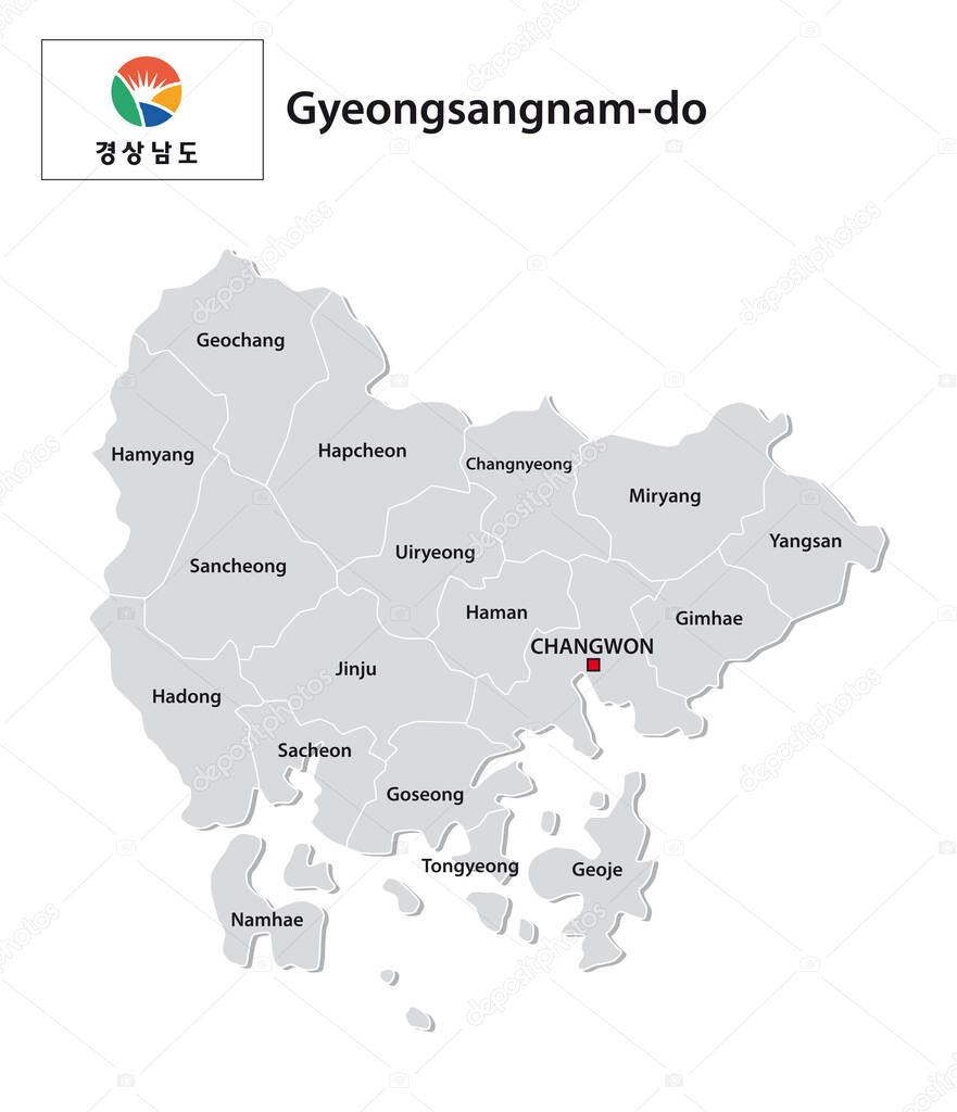 administrative vector map of the South Korean province of Gyeongsangnam-do with flag 