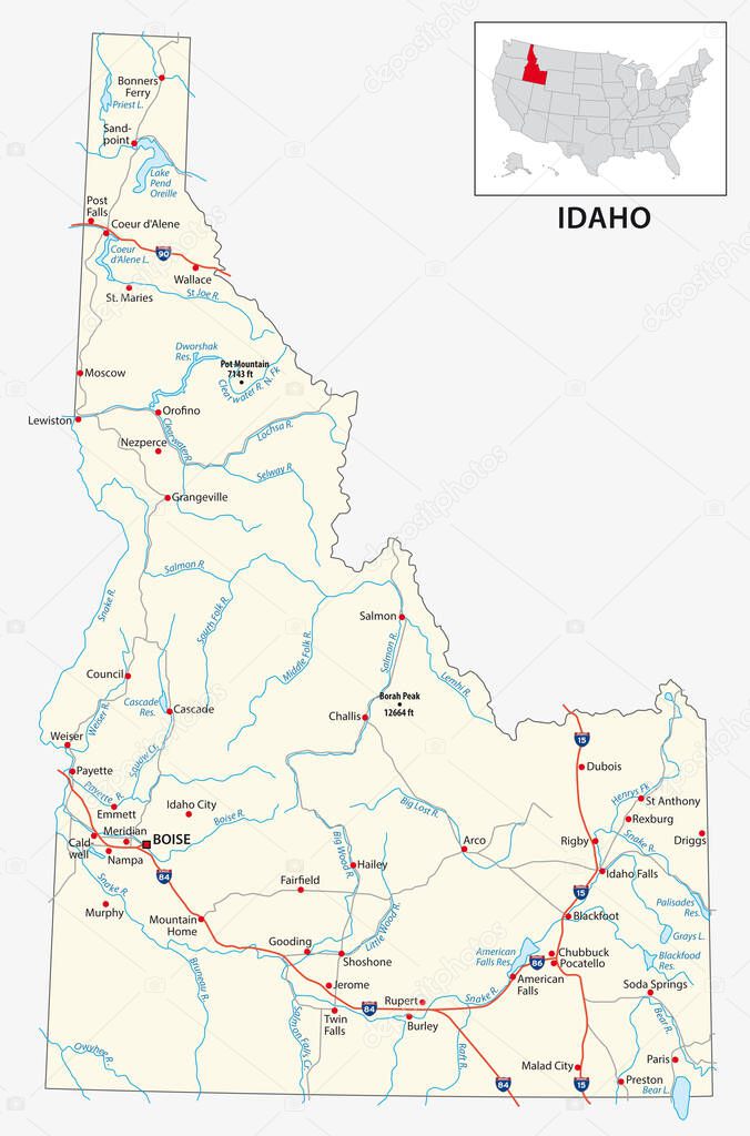 road map of the US American State of Idaho