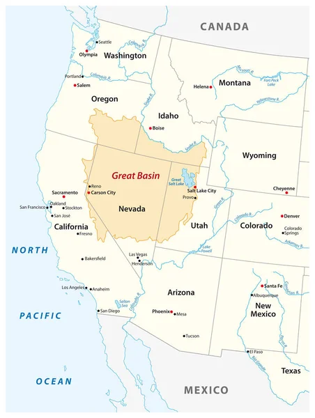 Peta Vektor Dari Great Basin Barat Amerika Serikat - Stok Vektor