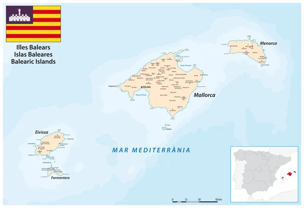 Vector Map Balearic Islands Western Mediterranean Sea — Stock Vector