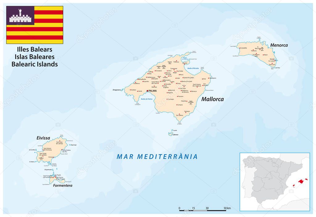 vector map of the Balearic Islands in the western Mediterranean sea 