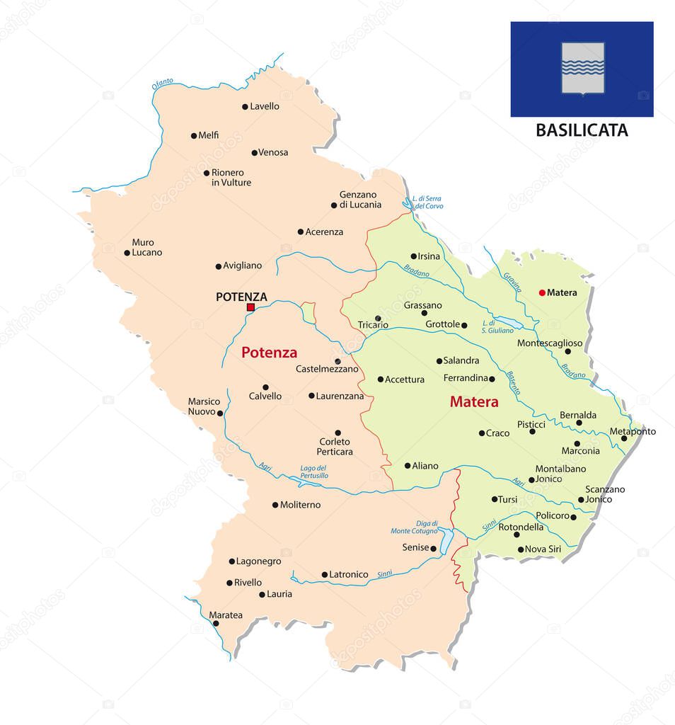 Basilicata administrative and political vector map with flag