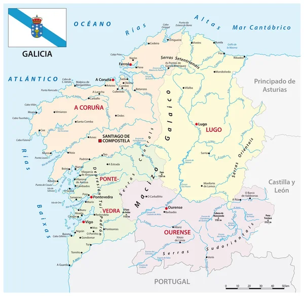 Mapa Vectorial Administrativo Las Comunidades Autónomas Españolas Galicia Con Bandera — Archivo Imágenes Vectoriales