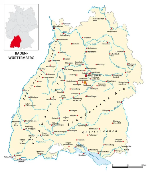 Carte État Baden Wurttemberg Langue Allemande — Image vectorielle