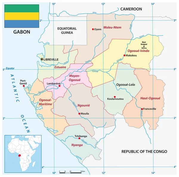 Administrativ Vektorkarta Över Den Afrikanska Staten Gabon Med Flagga — Stock vektor