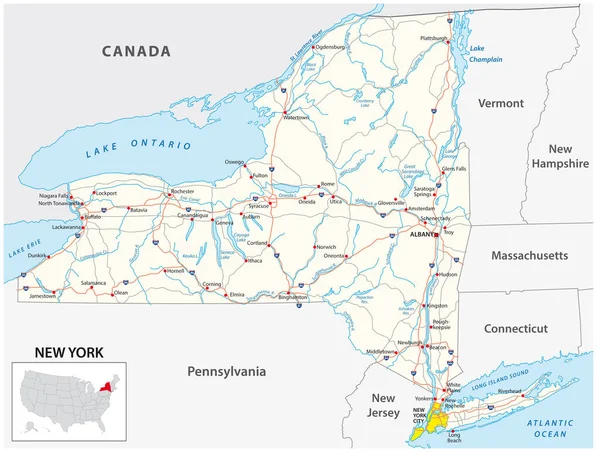 Harta Rutieră Statului American New York — Vector de stoc