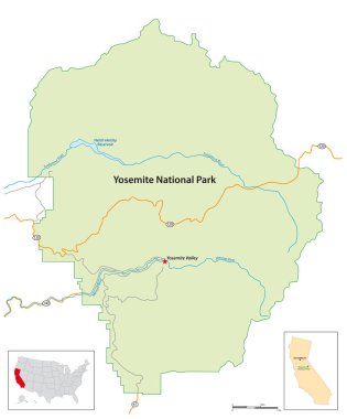 Yosemite Ulusal Parkı 'nın basit bir genel haritası, Kaliforniya, ABD
