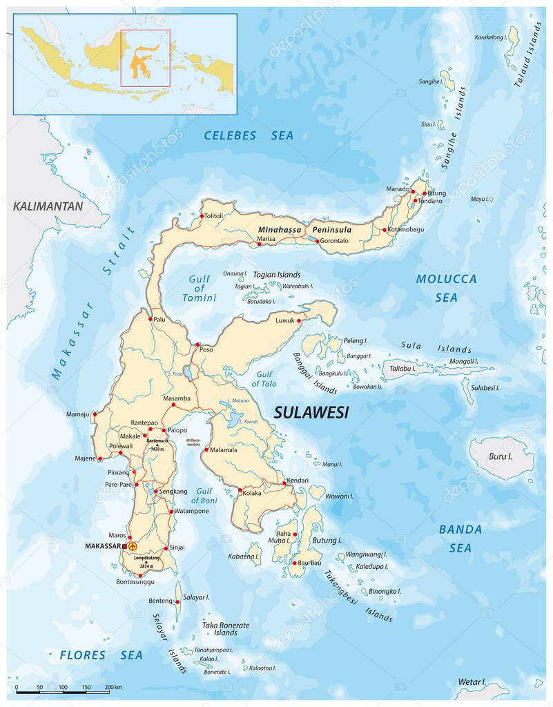 Vector road map of the Greater Sunda Island Sulawesi, Indonesia
