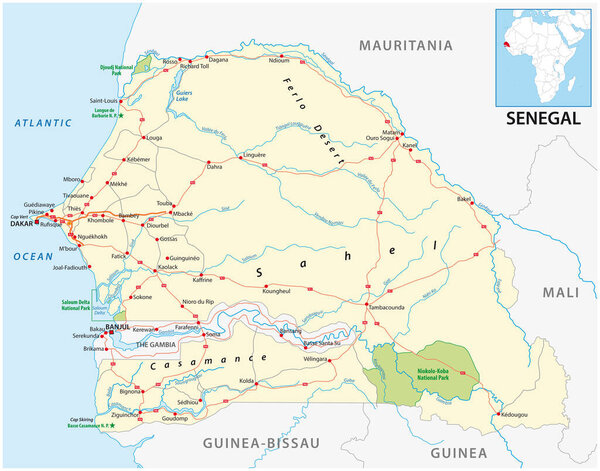 vector road map of the West African state of Senegal 