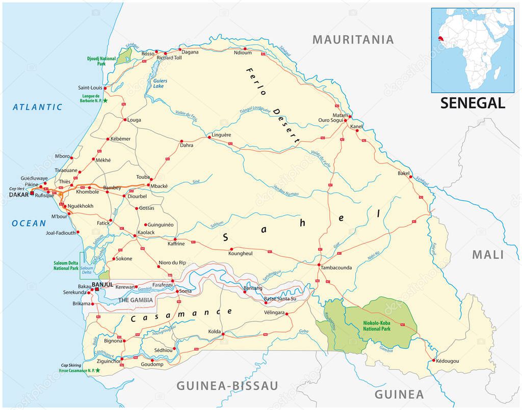 vector road map of the West African state of Senegal 