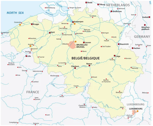 Belgium Vektortérképe Főbb Városokkal — Stock Vector