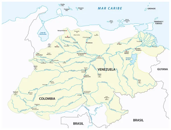 Orinoco Nehri Drenaj Havzasının Vektör Haritası — Stok Vektör