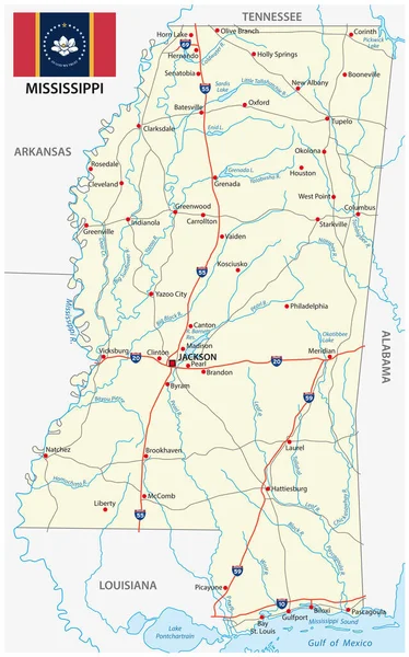 Mississippi Routekaart Met Nieuwe Vlag — Stockvector