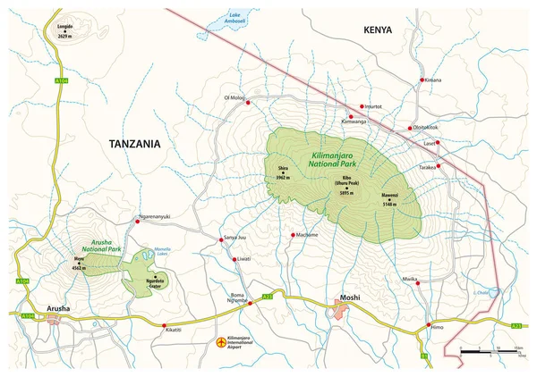 Mappa Dei Dintorni Kilimanjaro National Park Tanzania — Vettoriale Stock