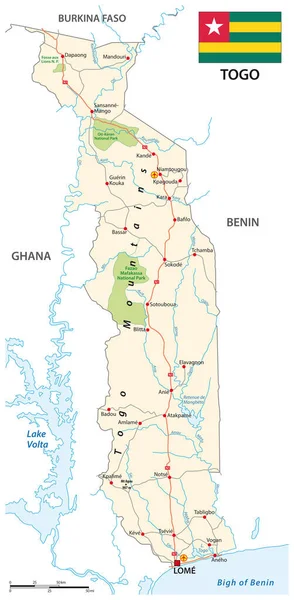 Mapa Estrada Vetorial Estado Africano Ocidental Togo Com Bandeira — Vetor de Stock