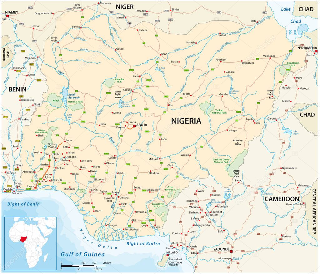 Vector road map of the West African state of Nigeria 