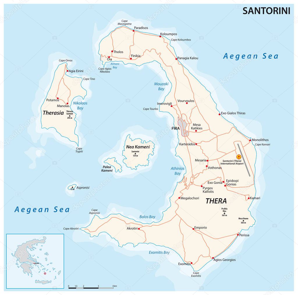 Vector map of the Santorini archipelago in the South Aegean Sea, Greece