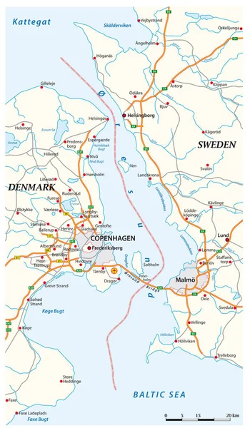 スウェーデンとデンマークの間のオレスンド水路のベクトル地図 — ストックベクタ