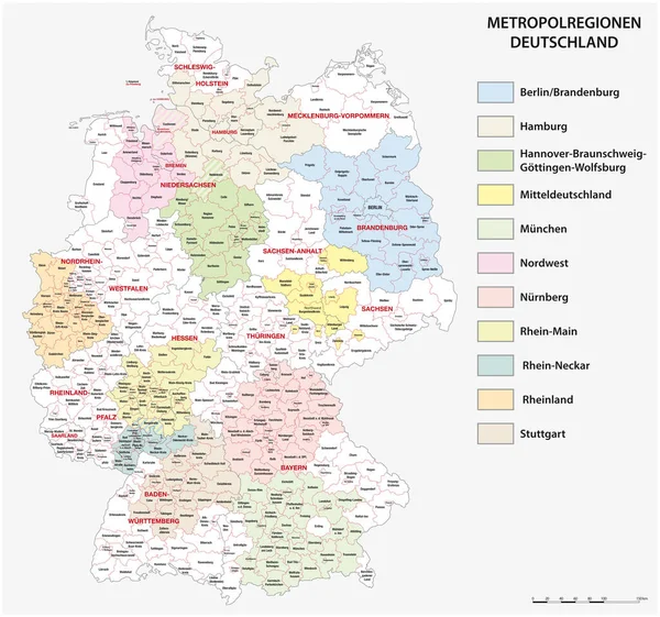 Mapa Las Once Regiones Metropolitanas Alemanas Idioma Alemán — Archivo Imágenes Vectoriales