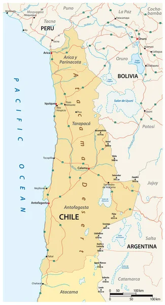 Carte Routière Vectorielle Désert Atacama Nord Chili — Image vectorielle