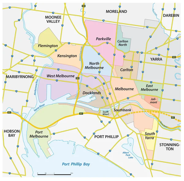 澳大利亚维多利亚州墨尔本市行政和街道图 — 图库矢量图片